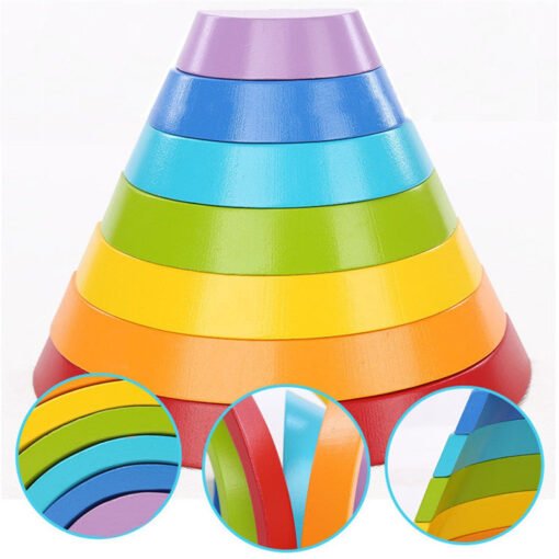 Yellow Green 7 Colors Wooden Stacking Rainbow Shape Children Kids Educational Play Toy Set