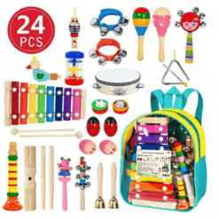 White Smoke 24PCS Musical Percussion Instrument Set,Toddler Musical Education Instruments Toys Wooden Percussion Toys and Rhythm Instruments for Girls Boys