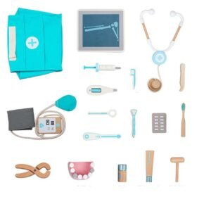 Dark Turquoise 18 Pcs Children Wooden Role Play Pretend Dentist Toolbox Doctor Medical Playset with Stethoscope Early Education Toy