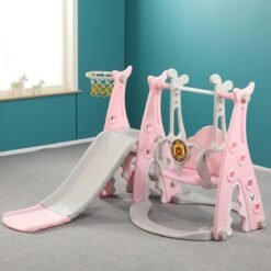 Light Pink 3 IN 1 Large Size Kids Playground Slide & Swing & Basketball Hoop DIY Assembly Set Toys