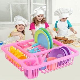 Beige 21PCS Kids Pretend Play Dishes Kitchen Playset Wash & Dry Tableware Rack Toys