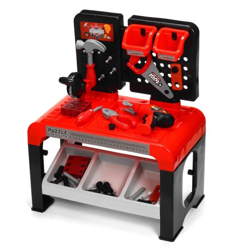 Red 46/64 Pcs 2 Tiers Simulation Work Bench Repair Tools Early Educational Puzzle Toy with 2 Upper Storage Boxes for Kids Gift