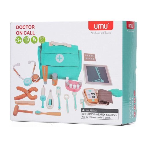 Medium Turquoise 18 Pcs Children Wooden Role Play Pretend Dentist Toolbox Doctor Medical Playset with Stethoscope Early Education Toy
