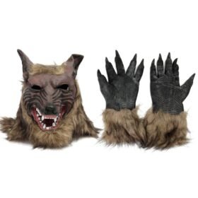 Dim Gray 1/2PC Latex Rubber Wolf Head Hair Mask Werewolf Gloves Party Scary Halloween Cosplay