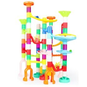 Orange Red 105 Pcs Colorful Transparent Plastic Creative Marble Run Coasters DIY Assembly Track Blocks Toy for Kids Birthday Gift