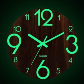 Black 12" Luminous Wall Clock Quartz Wooden Silent Non Ticking Dark Home Room Decor