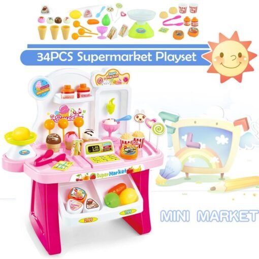 White Smoke 34Pcs DIY Assembly Simulation Mini Supermarket Play Funny Game Set Toys with Sound Light for Kids Perfect Gift