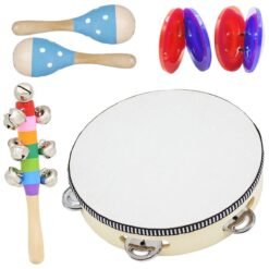 White Smoke 6 Piece Set Orff Musical Instruments Hand Shake Rattle Castanets Sand Hammer Vertical Bell Educational Tools Rhythm Kit for Kids Toddlers