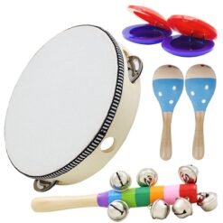 Lavender 6 Piece Set Orff Musical Instruments Hand Shake Rattle Castanets Sand Hammer Vertical Bell Educational Tools Rhythm Kit for Kids Toddlers