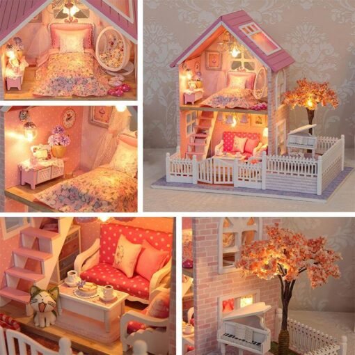 Cuteroom 1/24 DIY Wooden Dollhouse Pink Cherry Handmade Decorations Model with LED Light&Music Birthday - Toys Ace