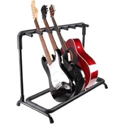 Dark Red Multi Guitar Stand 7 Holder Foldable Universal Display Rack - Portable Black Guitar Holder for Classical Acoustic, Electric, Bass Guitar and Guitar Bag/Case