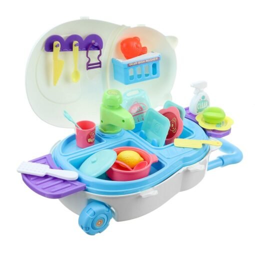 Sky Blue Kids Kitchen Dishwasher Playing Sink Dishes Toys Play Pretend Play Toy Set