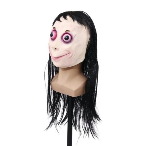 Snow LED Scary Momo Mask Game Horror Mask Cosplay Full Head Momo Mask Big Eye With Long Wigs Halloween Party Props