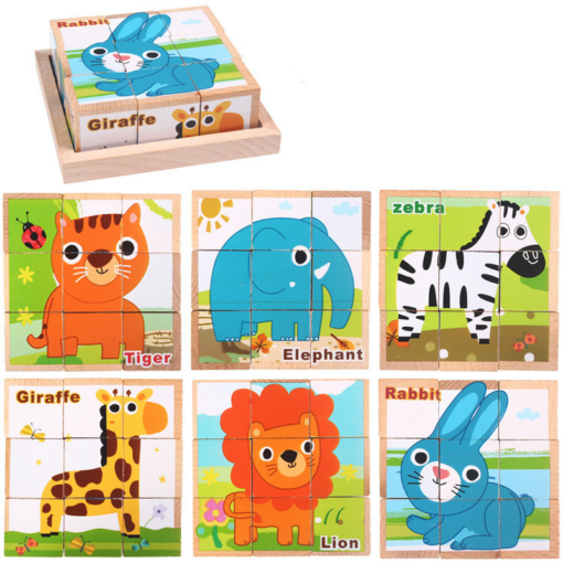 Wooden 9-Piece Six-Sided Painting Puzzle 3D Three-Dimensional Traffic Animal - Toys Ace