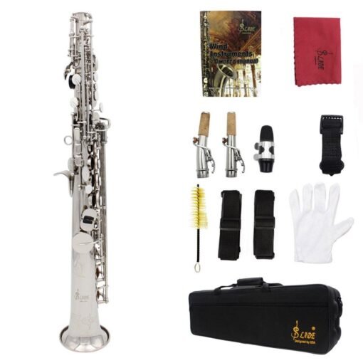 Black Brass Straight Soprano Sax Saxophone Bb B Flat Woodwind Instrument Natural Shell Key Carve Pattern with Carrying Case