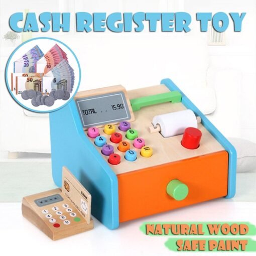 Wooden Cash Register Shop Grocery Checkout Play Game Learn Education Toys for Kids Perfect Gift