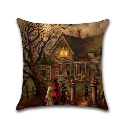 Saddle Brown Halloween Series Ancient House Witch Pumpkin Cat Pillow Cover Decorative Toys