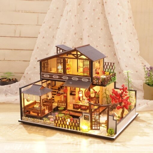 Wooden DIY Courtyard Doll House Miniature Kit Handmade Assemble Toy with LED Light Dust-proof Cover for Gift Collection - Toys Ace