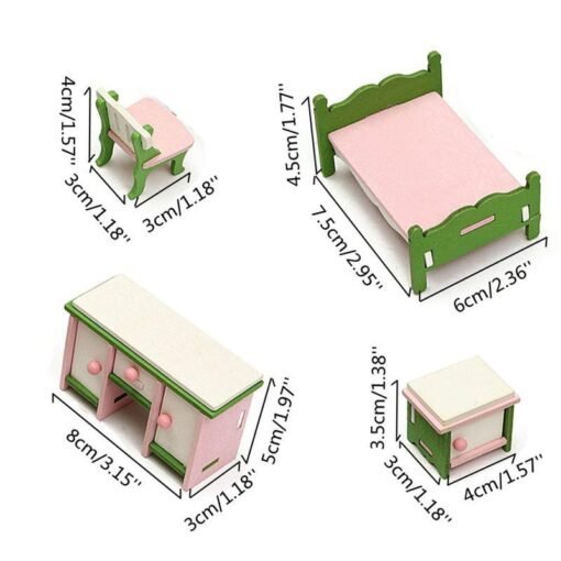 Pink Dollhouse Miniature Bedroom Kit Wooden Furniture Set Families Role Play Toy
