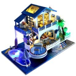 Dark Slate Blue DIY Handcraft 3D Wooden Toy Miniature Kit Dollhouse LED Lights Music House Gift