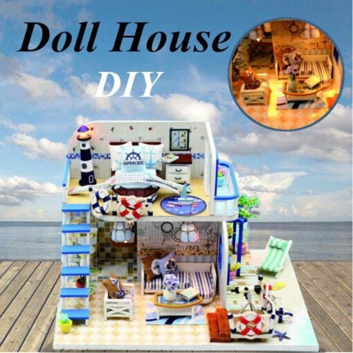 Hoomeda DIY Wooden Doll House Blue Ocean Coast Miniature Furniture Music Light Gift Decoration - Toys Ace