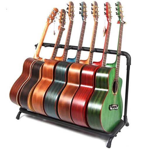 Brown Multi Guitar Stand 7 Holder Foldable Universal Display Rack - Portable Black Guitar Holder for Classical Acoustic, Electric, Bass Guitar and Guitar Bag/Case