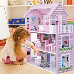 Large Wooden DIY Handmade Assemble 3 Level Doll House with Full Furniture Pretend Play Toy for Gift Collection Home Decor - Toys Ace