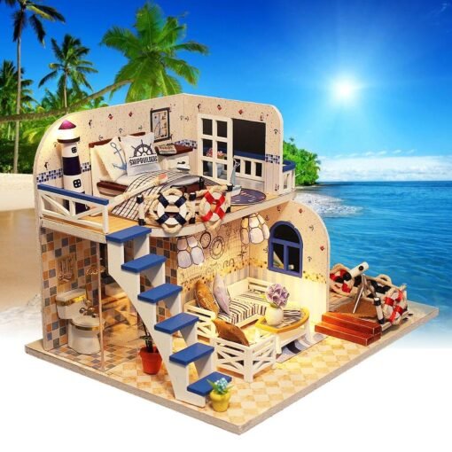 DIY LED Light Coastal Villa Doll House Miniatures Furniture Gift Kit - Toys Ace